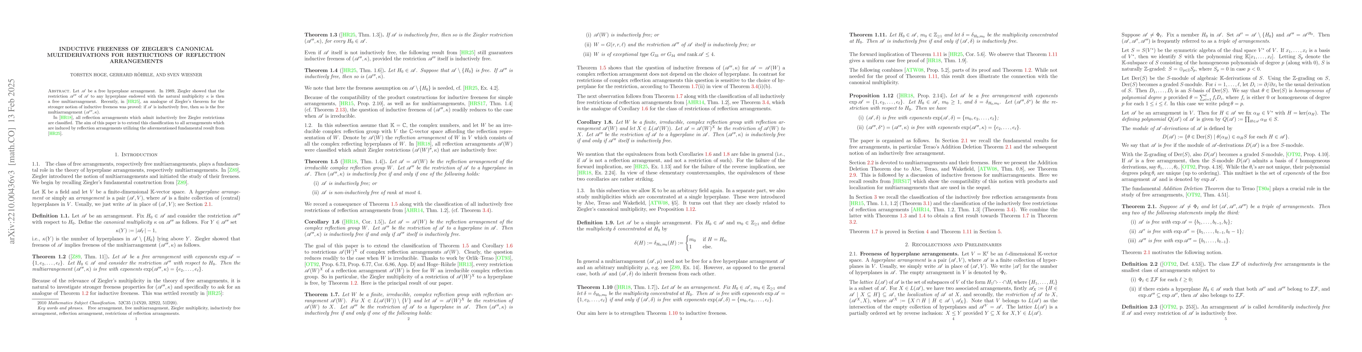 Thumbnail for Inductive Freeness of Ziegler's Canonical Multiderivations for
  Restrictions of Reflection Arrangements