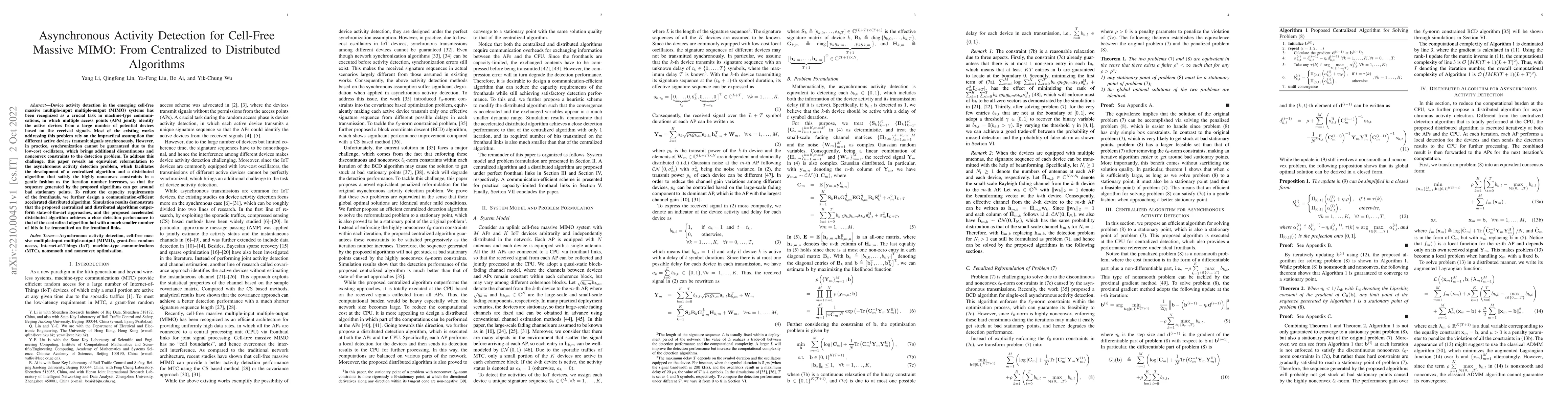 Thumbnail for Asynchronous Activity Detection for Cell-Free Massive MIMO: From
  Centralized to Distributed Algorithms