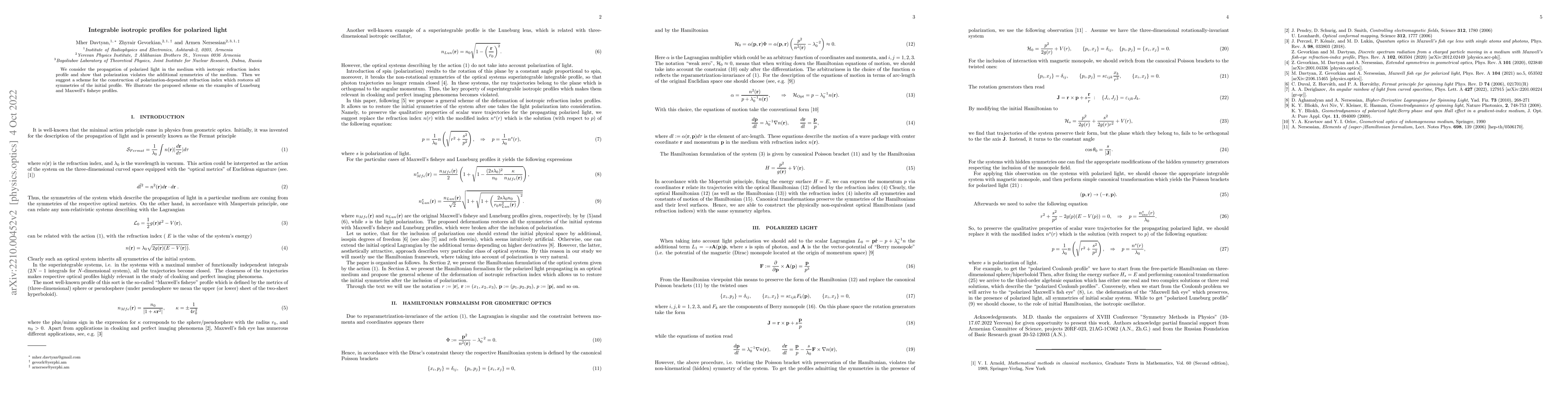 Thumbnail for Integrable isotropic profiles for polarized light