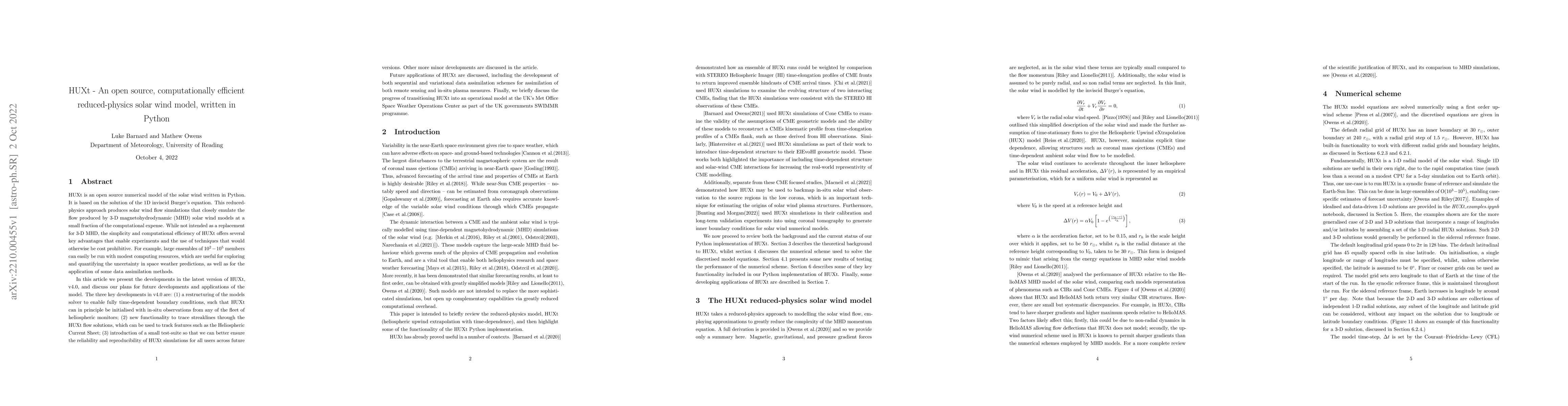 Thumbnail for HUXt -- An open source, computationally efficient reduced-physics solar
  wind model, written in Python