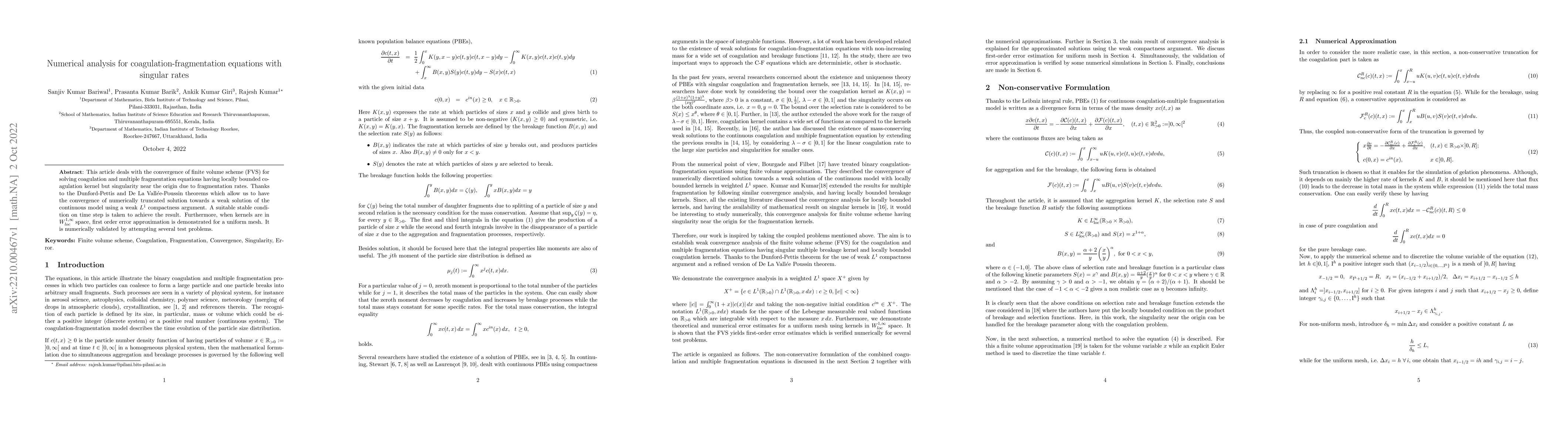 Thumbnail for Numerical analysis for coagulation-fragmentation equations with singular
  rates