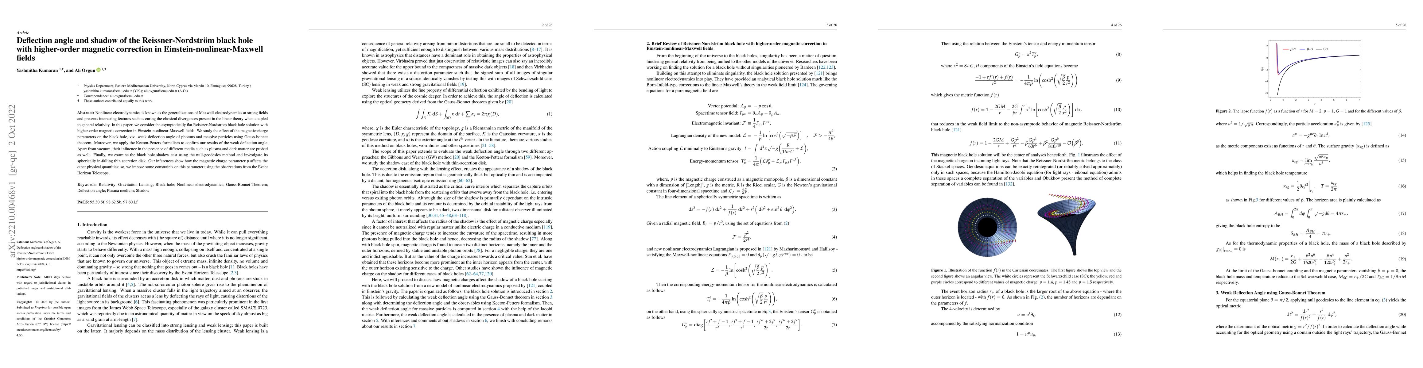 Thumbnail for Deflection angle and shadow of the Reissner-Nordstr\"om black hole with
  higher-order magnetic correction in Einstein-nonlinear-Maxwell fields