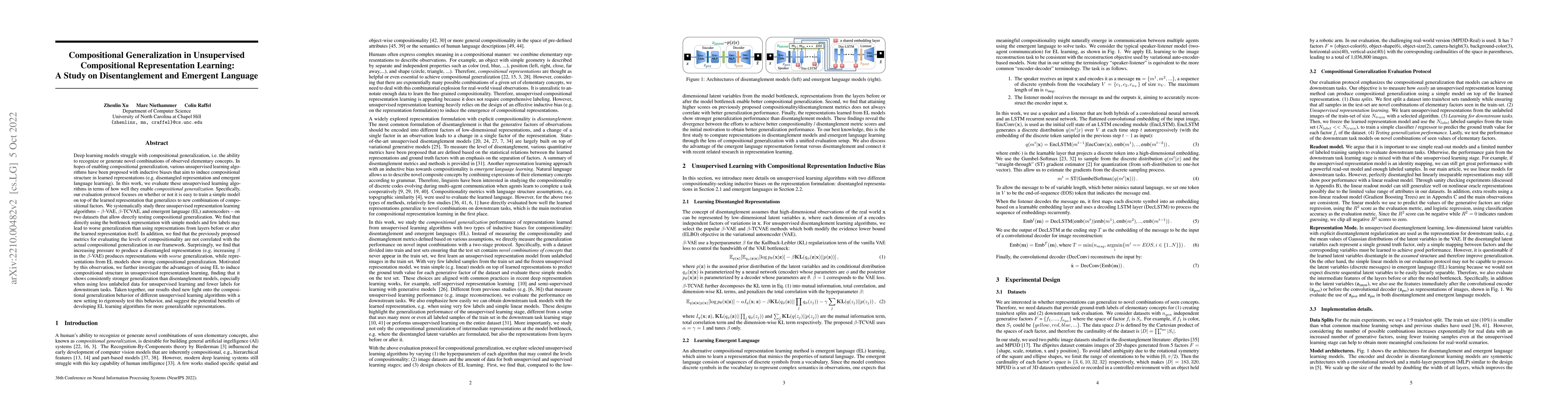 Thumbnail for Compositional Generalization in Unsupervised Compositional
  Representation Learning: A Study on Disentanglement and Emergent Language