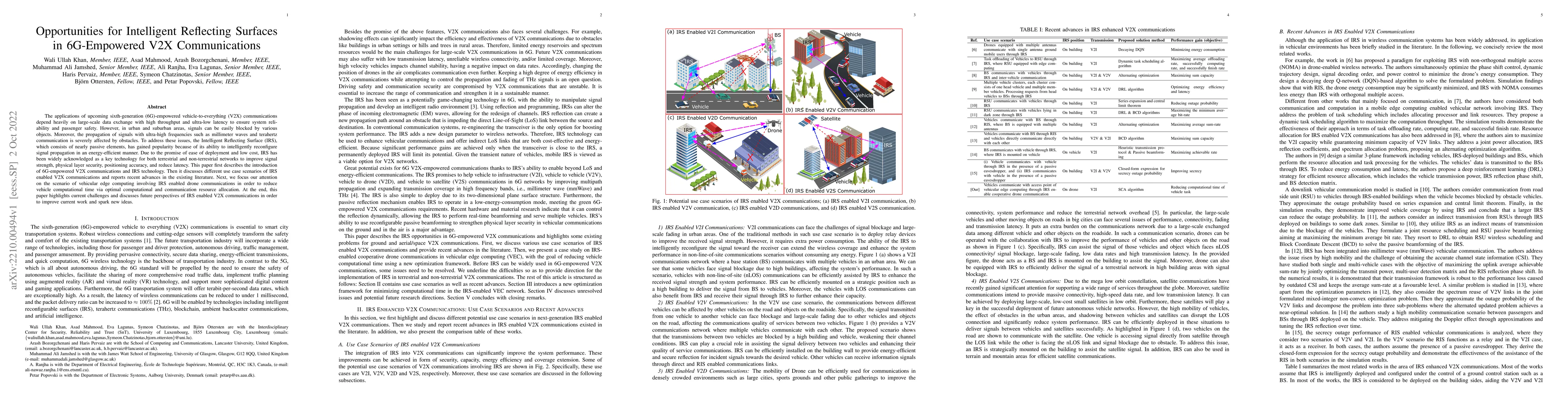 Thumbnail for Opportunities for Intelligent Reflecting Surfaces in 6G-Empowered V2X
  Communications