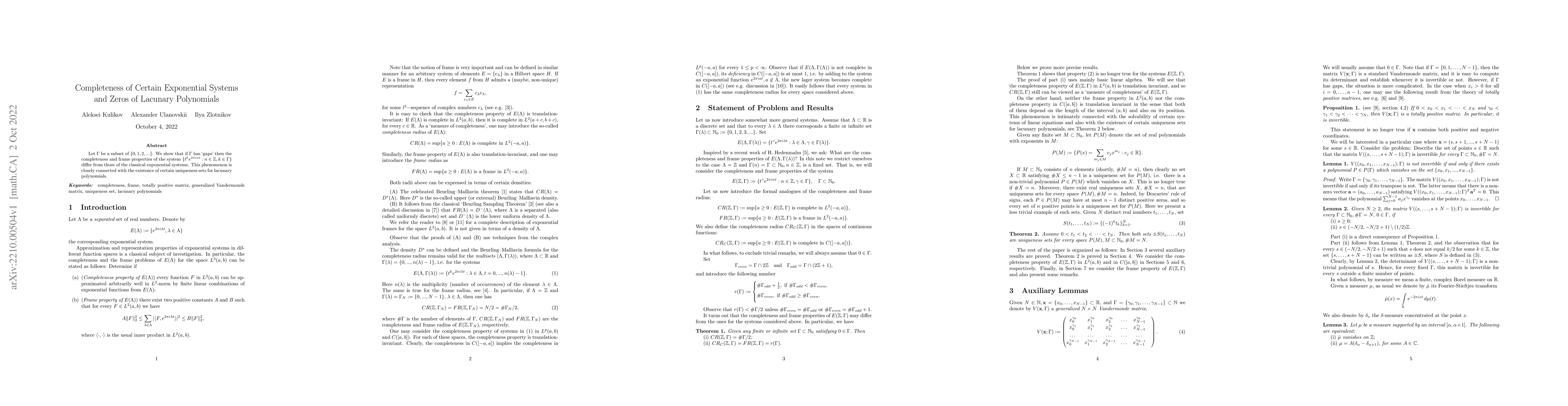 Thumbnail for Completeness of Certain Exponential Systems and Zeros of Lacunary
  Polynomials