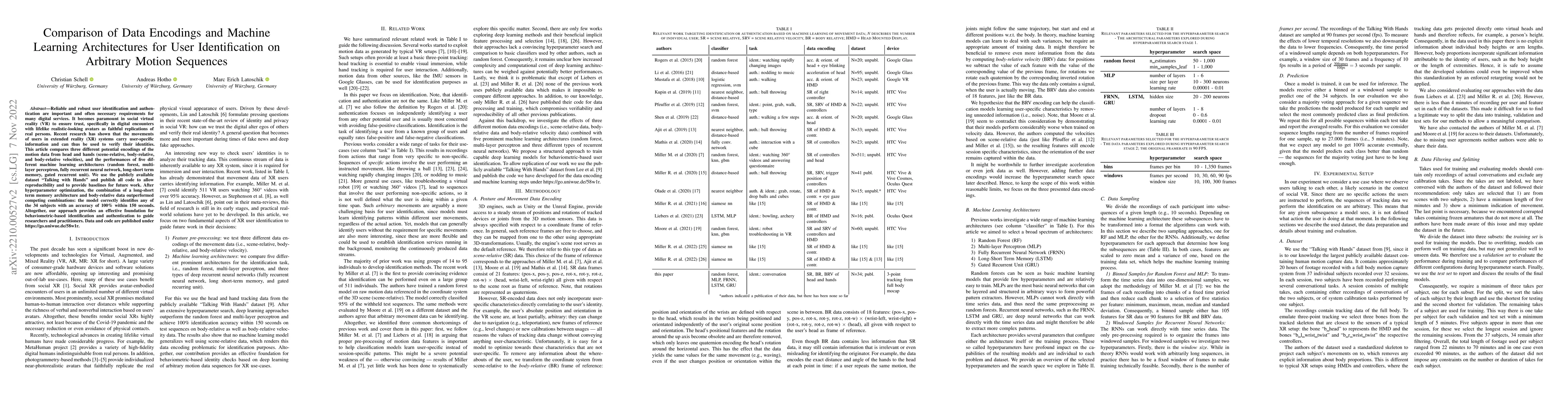 Thumbnail for Comparison of Data Representations and Machine Learning Architectures
  for User Identification on Arbitrary Motion Sequences