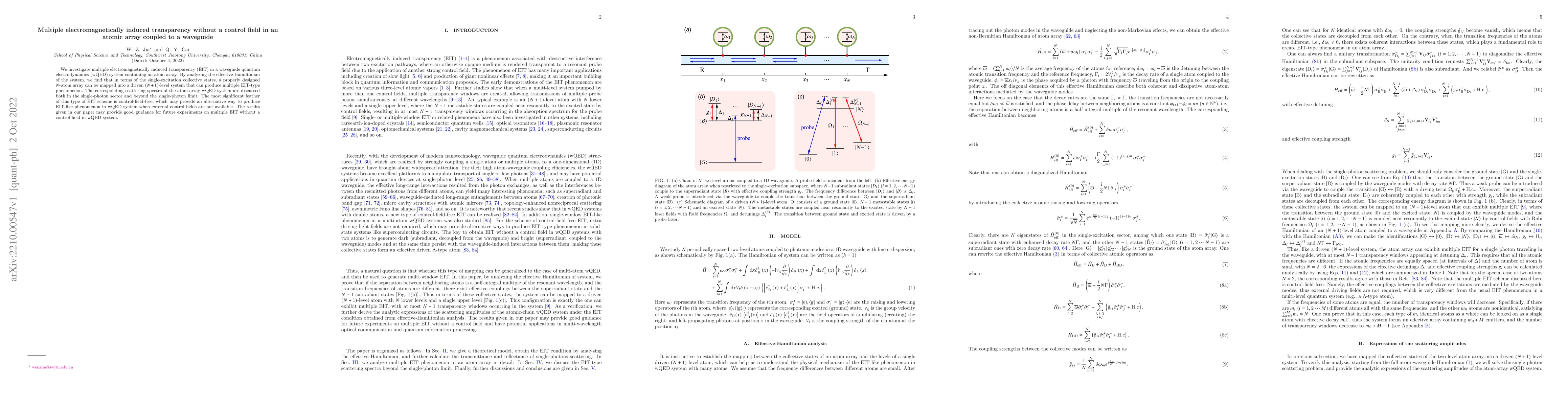 Thumbnail for Multiple electromagnetically induced transparency without a control
  field in an atomic array coupled to a waveguide