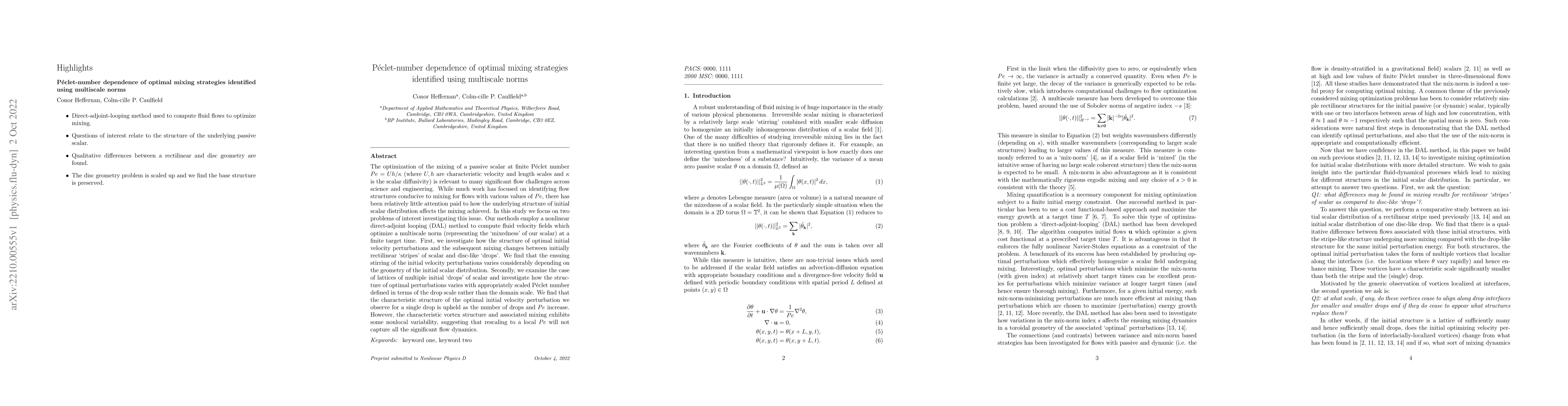Thumbnail for P\'eclet-number dependence of optimal mixing strategies identified using
  multiscale norms