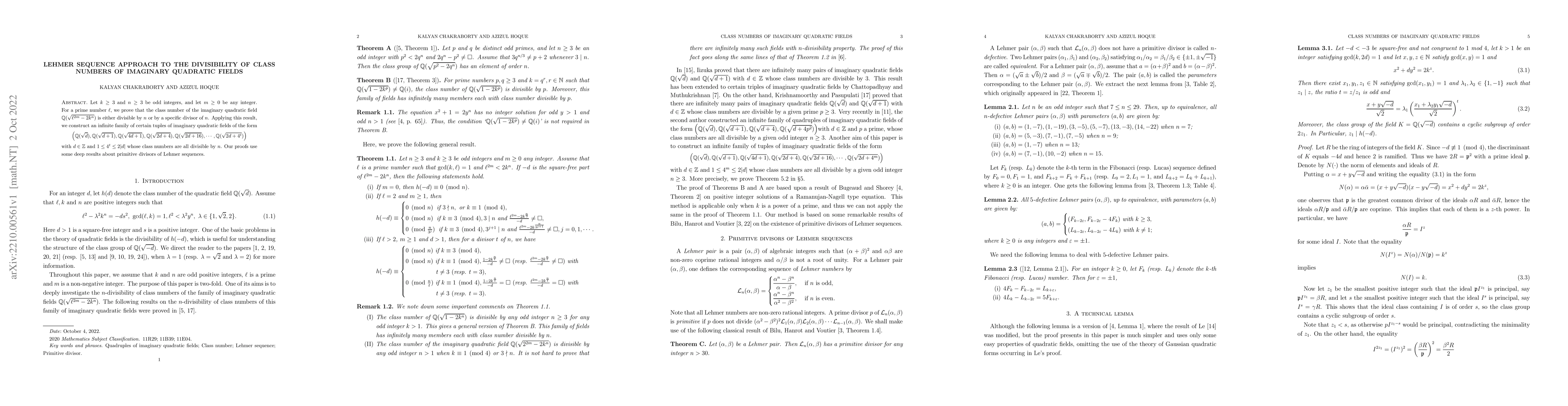 Thumbnail for Lehmer sequence approach to the divisibility of class numbers of
  imaginary quadratic fields