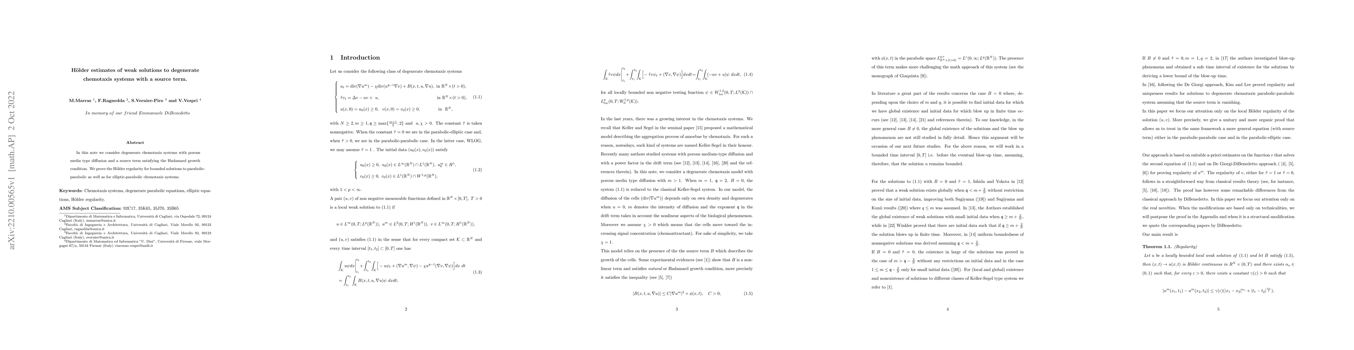 Thumbnail for H\"older estimates of weak solutions to degenerate chemotaxis systems
  with a source term