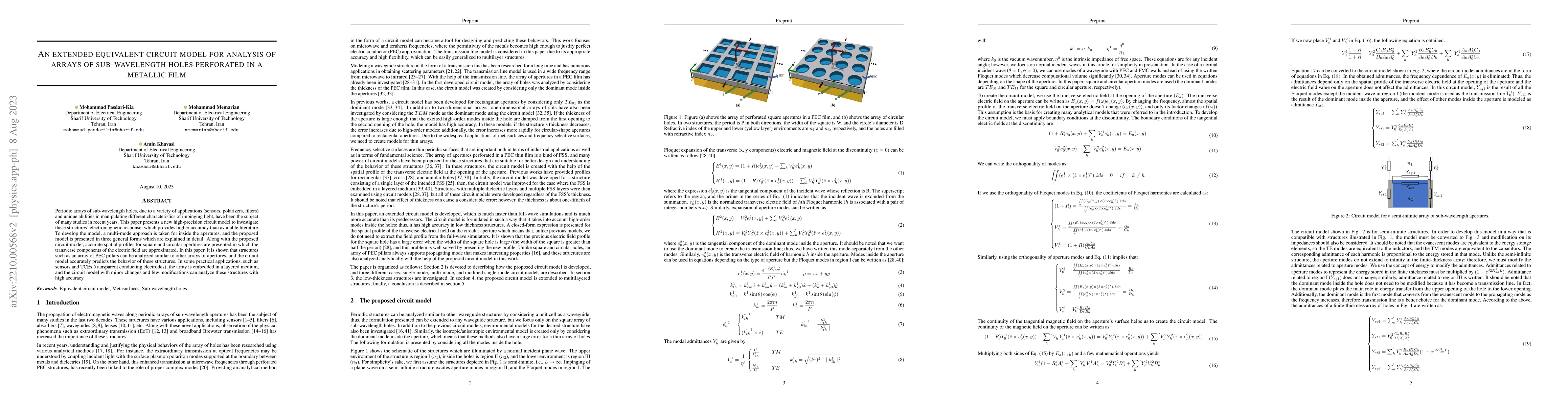 Thumbnail for An extended equivalent circuit model for analysis of arrays of
  sub-wavelength holes perforated in a metallic film