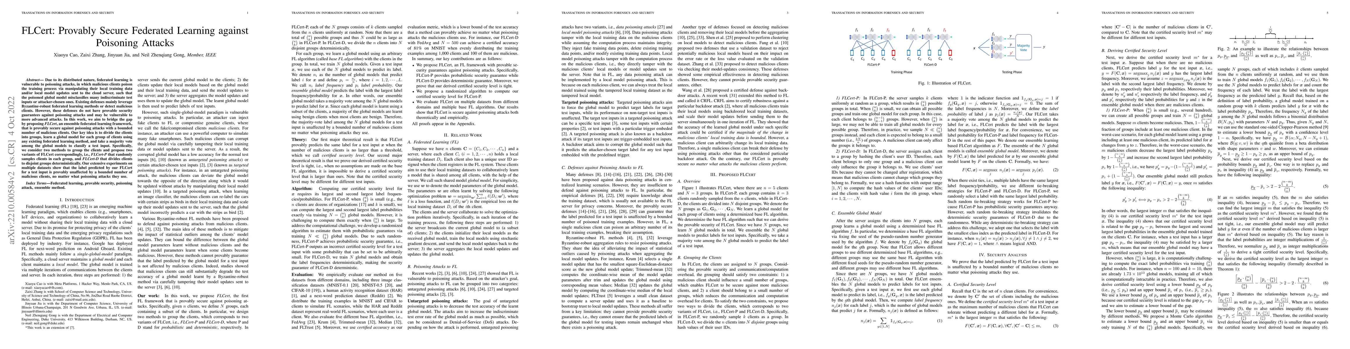 Thumbnail for FLCert: Provably Secure Federated Learning against Poisoning Attacks