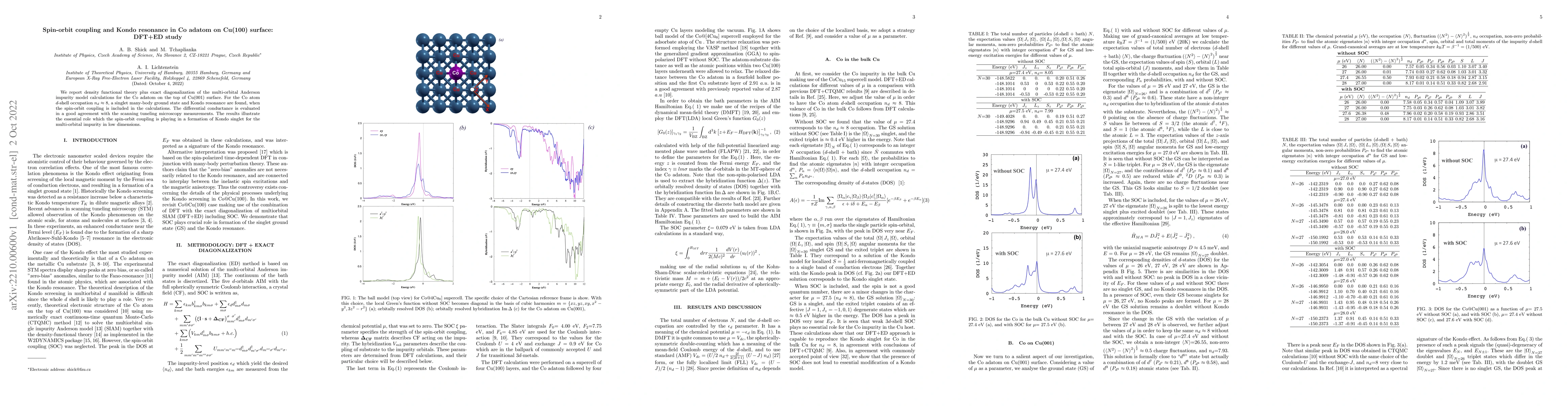 Thumbnail for Spin-orbit coupling and Kondo resonance in Co adatom on Cu(100) surface:
  DFT+ED study