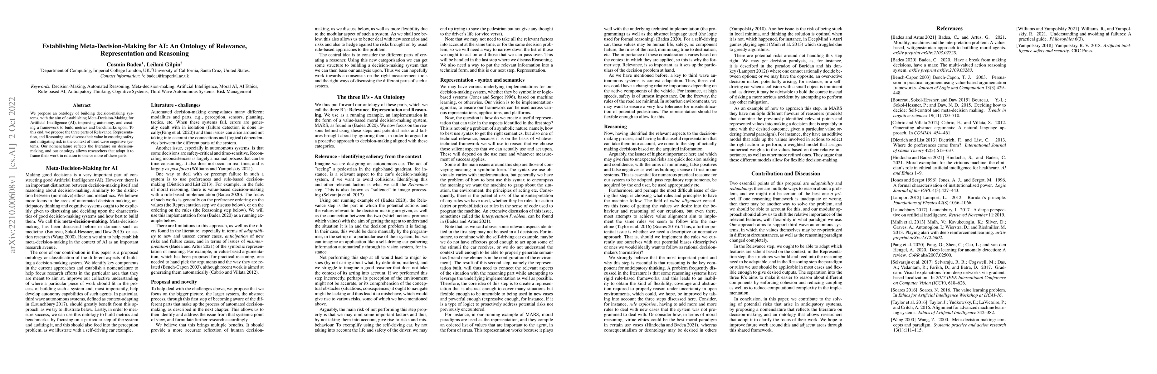 Thumbnail for Establishing Meta-Decision-Making for AI: An Ontology of Relevance,
  Representation and Reasoning