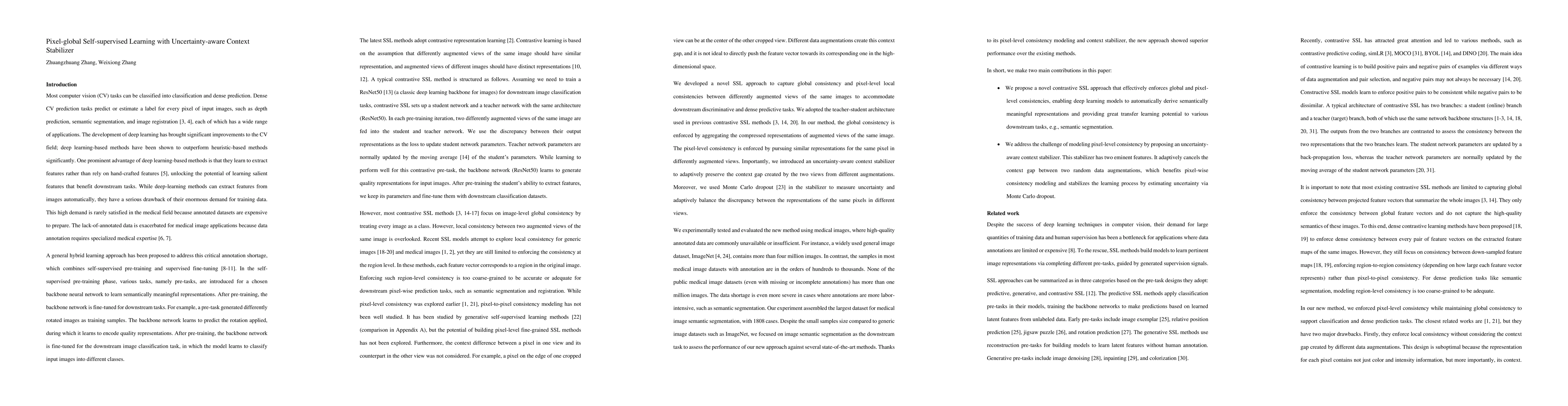 Thumbnail for Pixel-global Self-supervised Learning with Uncertainty-aware Context
  Stabilizer