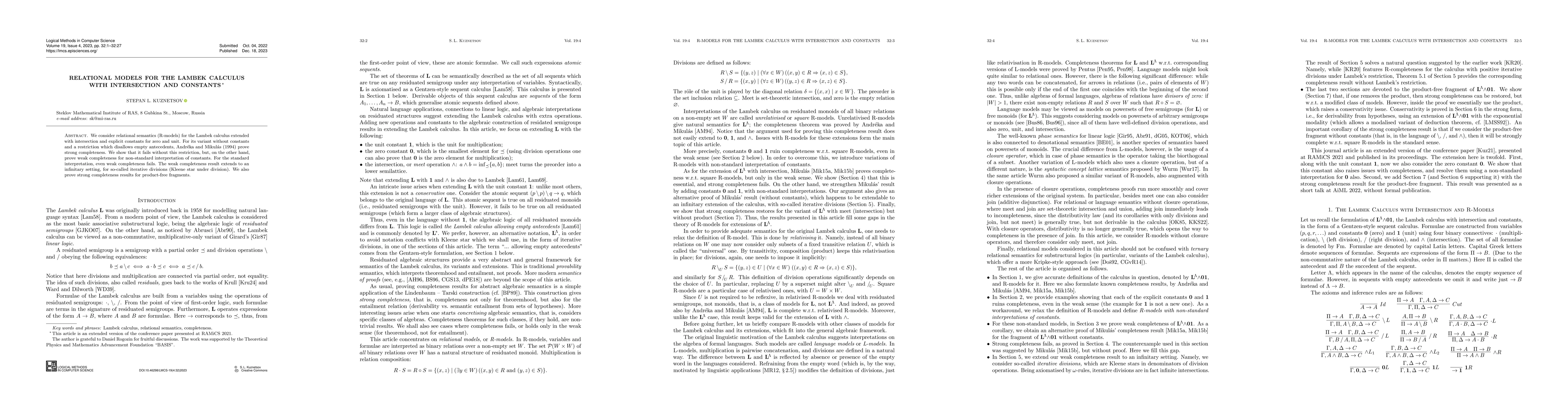 Thumbnail for Relational Models for the Lambek Calculus with Intersection and
  Constants