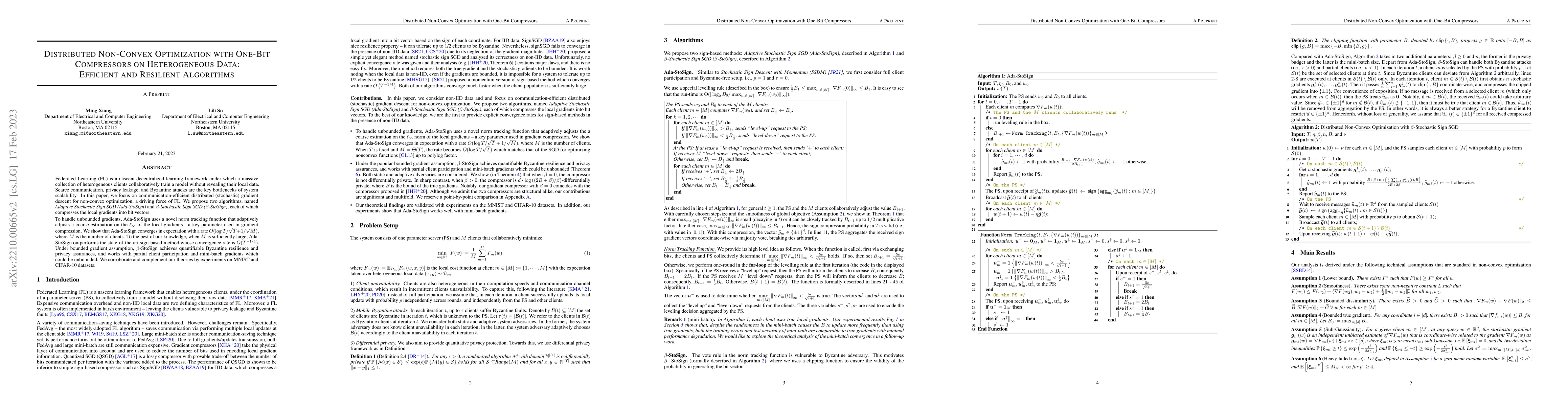 Thumbnail for Distributed Non-Convex Optimization with One-Bit Compressors on
  Heterogeneous Data: Efficient and Resilient Algorithms