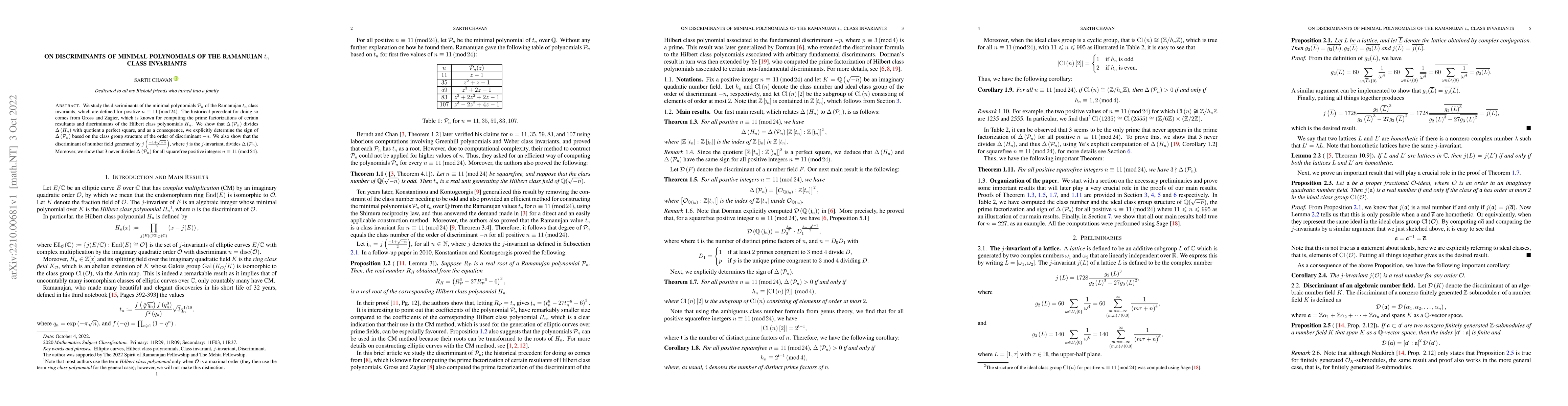 Thumbnail for On discriminants of minimal polynomials of the Ramanujan $t_n$ class
  invariants