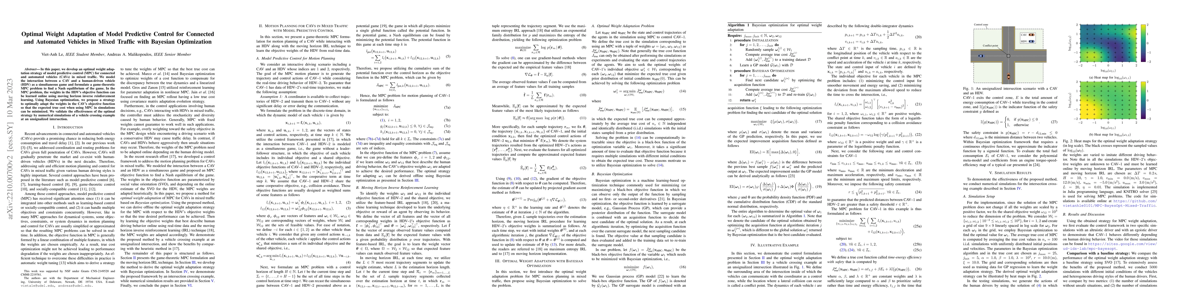 Thumbnail for Optimal Weight Adaptation of Model Predictive Control for Connected and
  Automated Vehicles in Mixed Traffic with Bayesian Optimization
