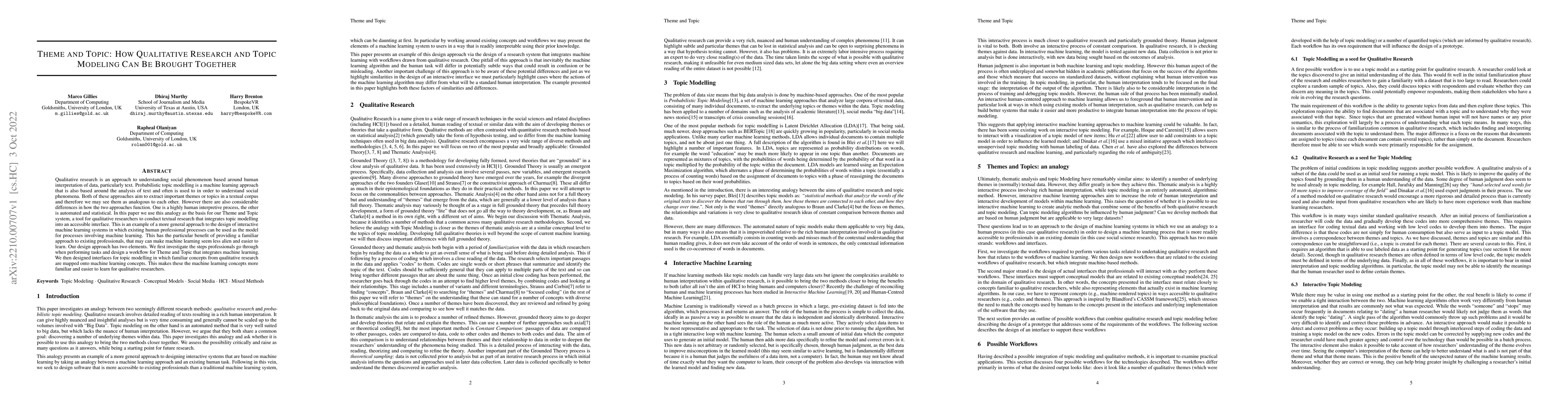 Thumbnail for Theme and Topic: How Qualitative Research and Topic Modeling Can Be
  Brought Together