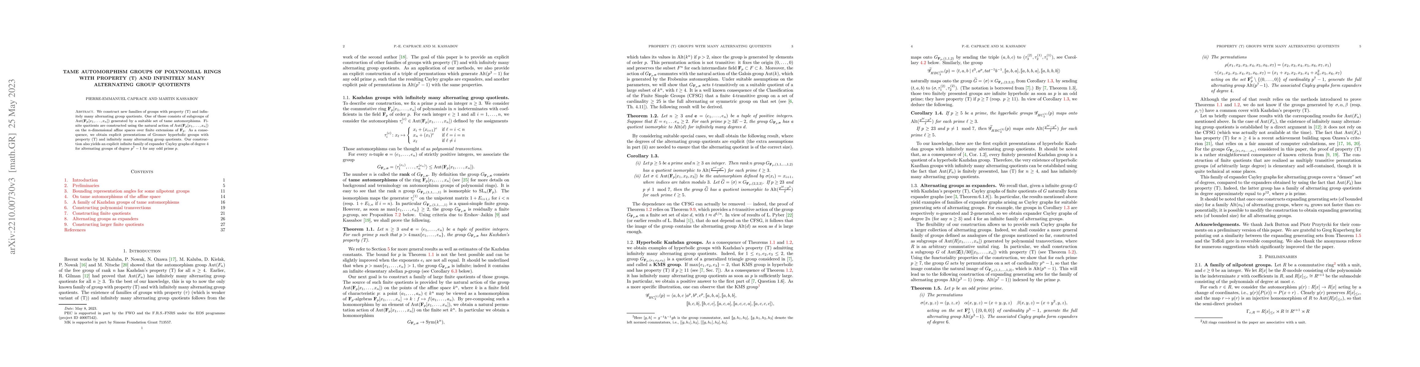 Thumbnail for Tame automorphism groups of polynomial rings with property (T) and
  infinitely many alternating group quotients