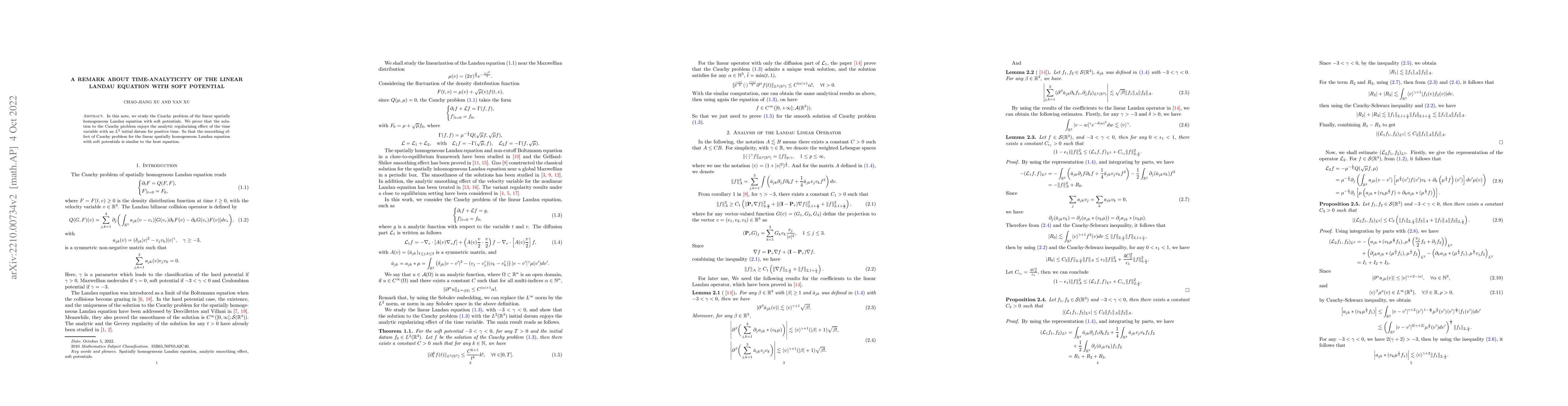 Thumbnail for A remark about time-analyticity of the linear Landau equation with soft
  potential