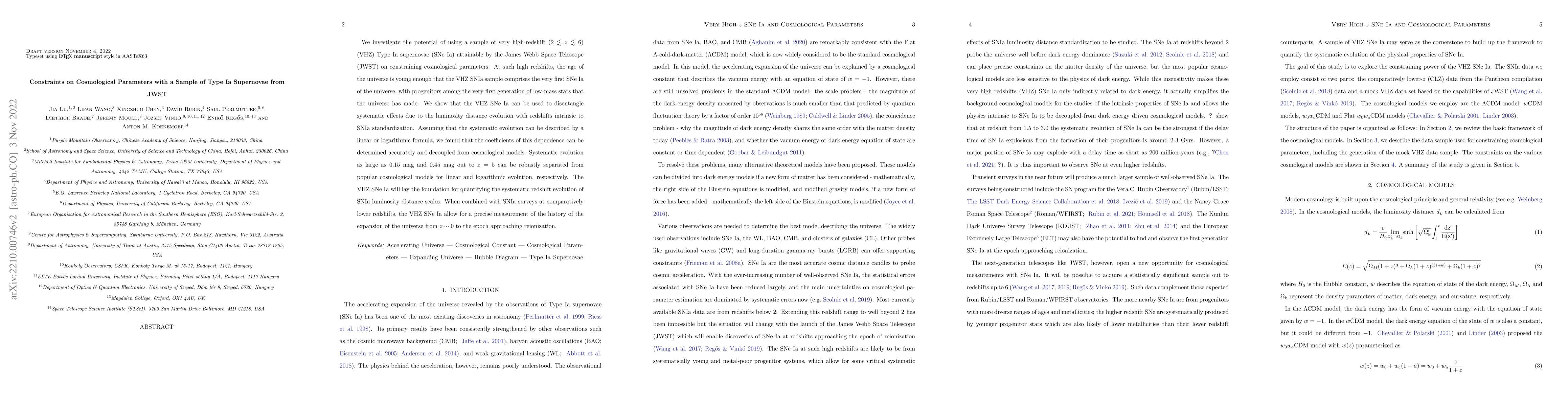 Thumbnail for Constraints on Cosmological Parameters with a Sample of Type Ia
  Supernovae from JWST