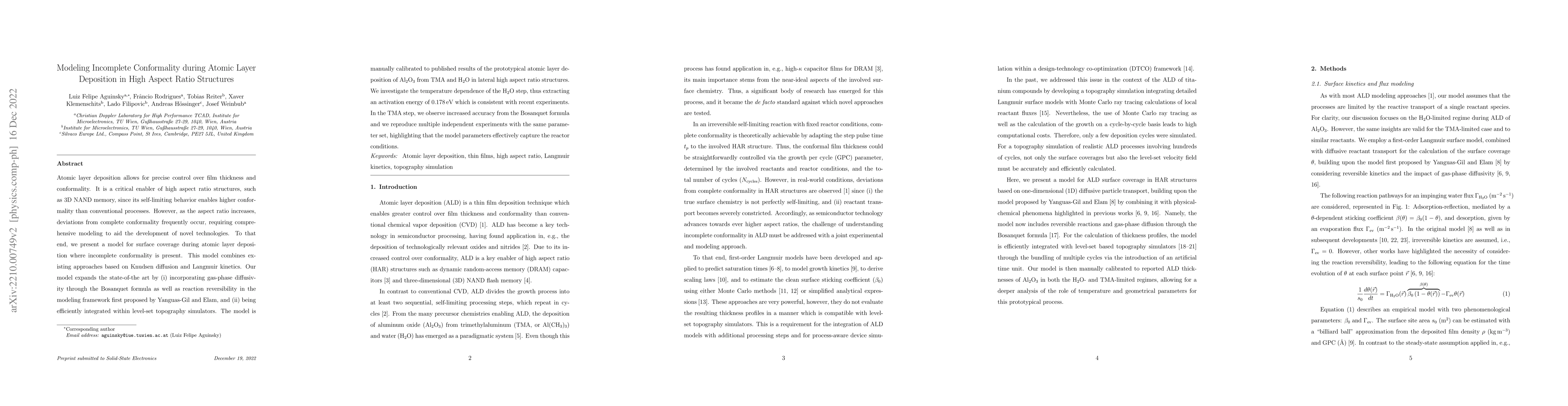 Thumbnail for Modeling Incomplete Conformality during Atomic Layer Deposition in High
  Aspect Ratio Structures