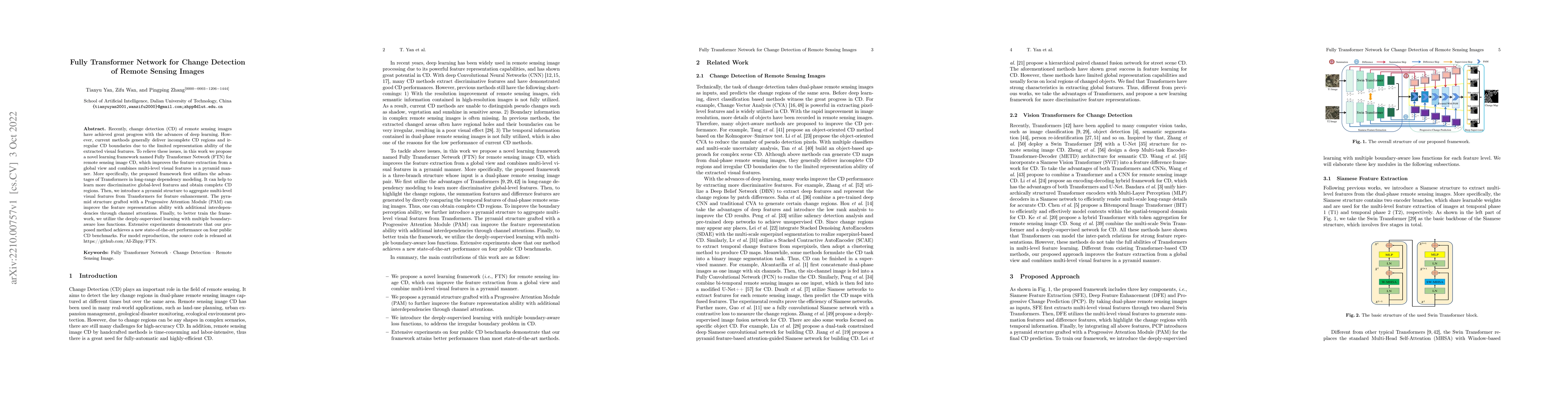 Thumbnail for Fully Transformer Network for Change Detection of Remote Sensing Images