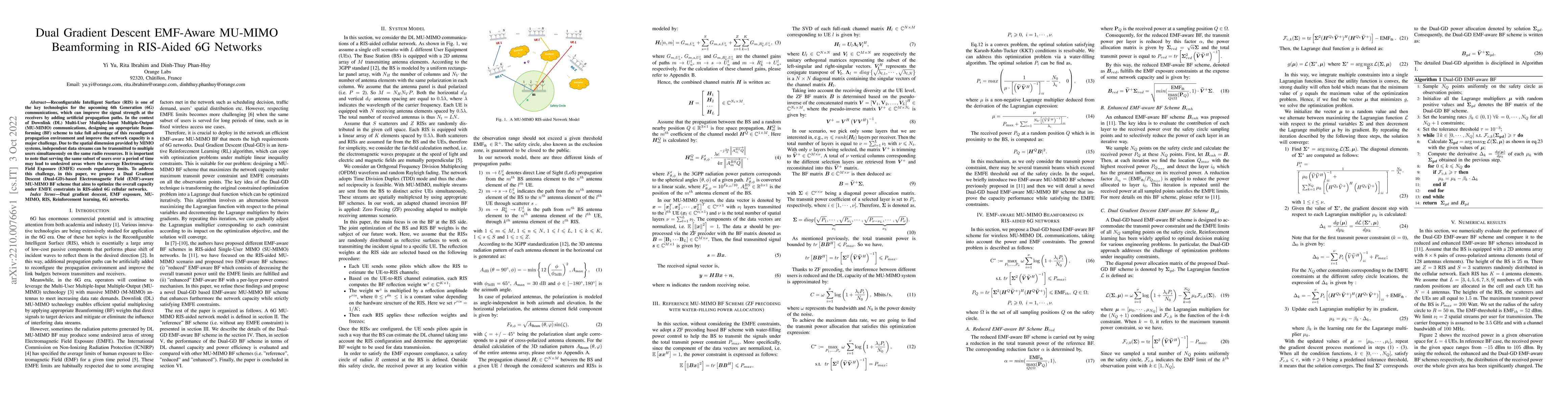 Thumbnail for Dual Gradient Descent EMF-Aware MU-MIMO Beamforming in RIS-Aided 6G
  Networks