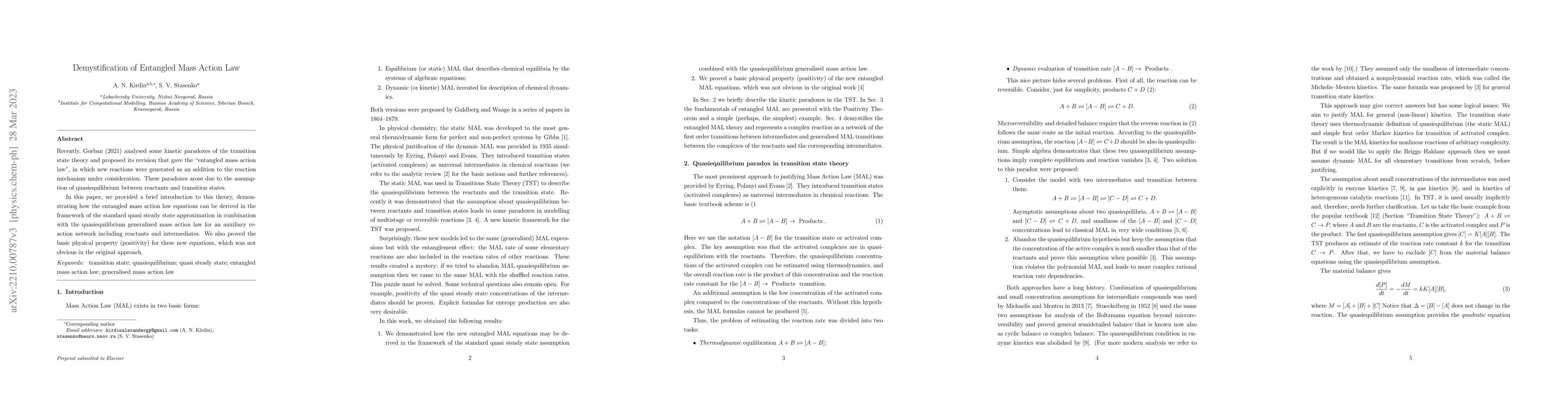 Thumbnail for Demystification of Entangled Mass Action Law