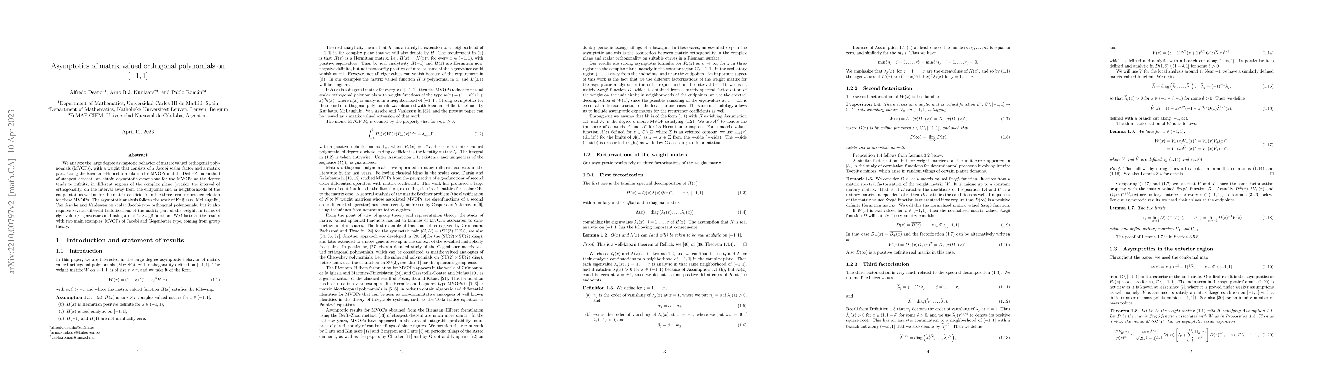 Thumbnail for Asymptotics of matrix valued orthogonal polynomials on $[-1,1]$