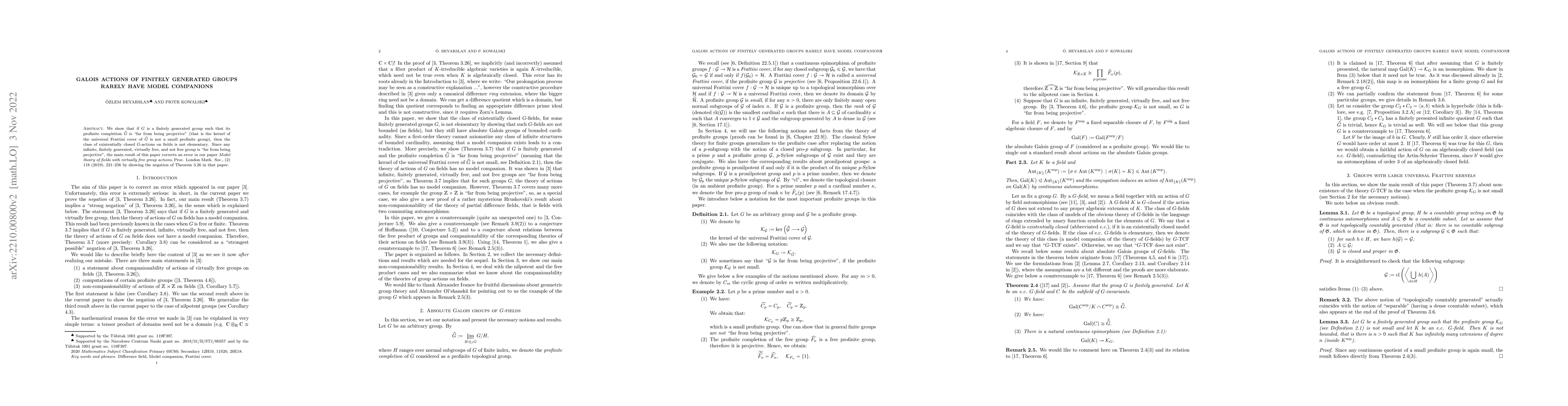 Thumbnail for Galois actions of finitely generated groups rarely have model companions
