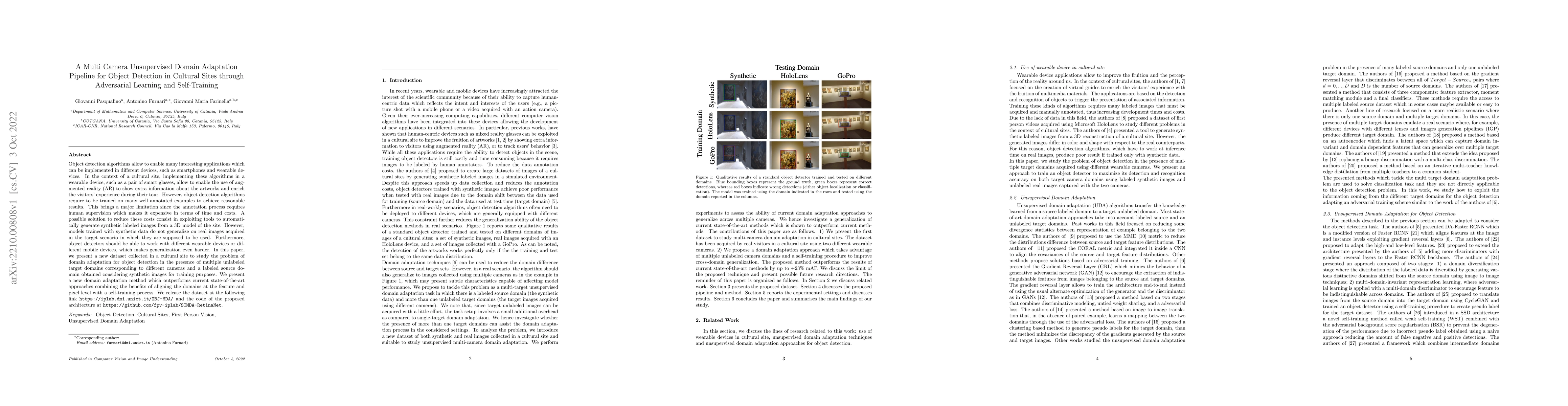 Thumbnail for A Multi Camera Unsupervised Domain Adaptation Pipeline for Object
  Detection in Cultural Sites through Adversarial Learning and Self-Training