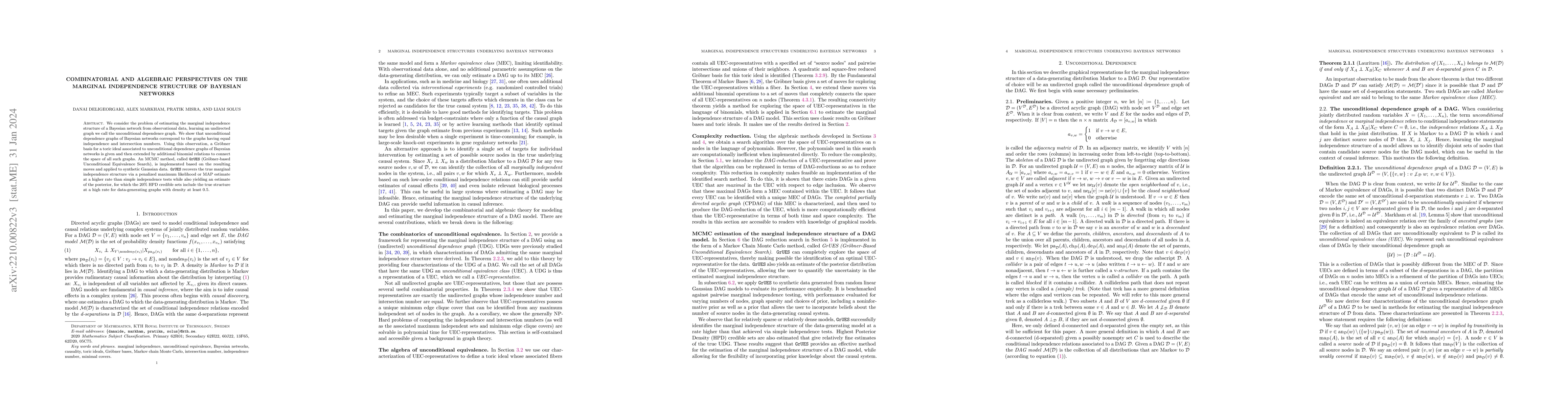 Thumbnail for Combinatorial and algebraic perspectives on the marginal independence
  structure of Bayesian networks