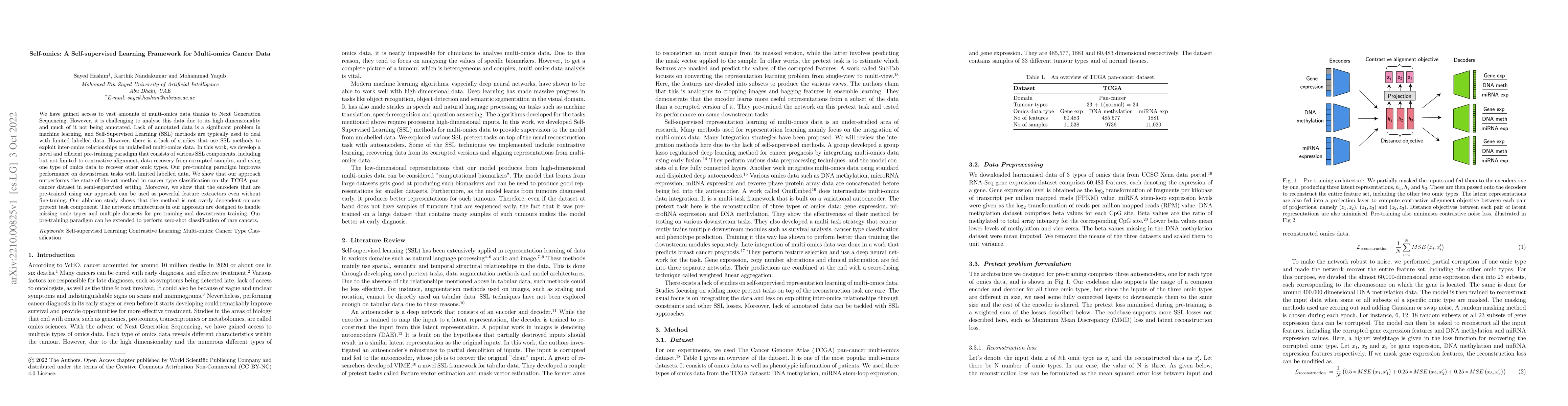 Thumbnail for Self-omics: A Self-supervised Learning Framework for Multi-omics Cancer
  Data