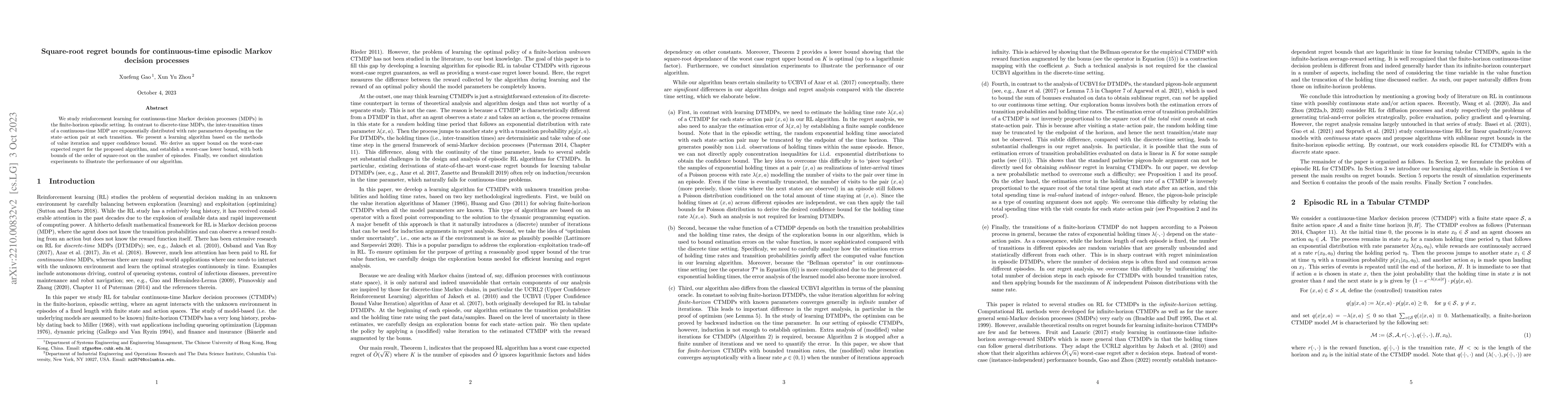 Thumbnail for Square-root regret bounds for continuous-time episodic Markov decision
  processes