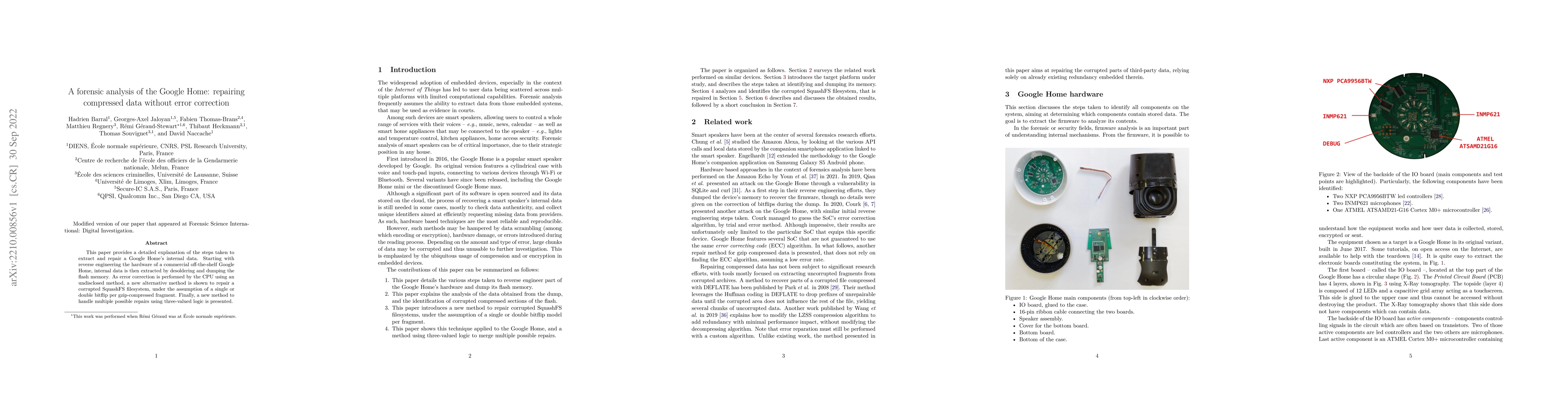 Thumbnail for A forensic analysis of the Google Home: repairing compressed data
  without error correction