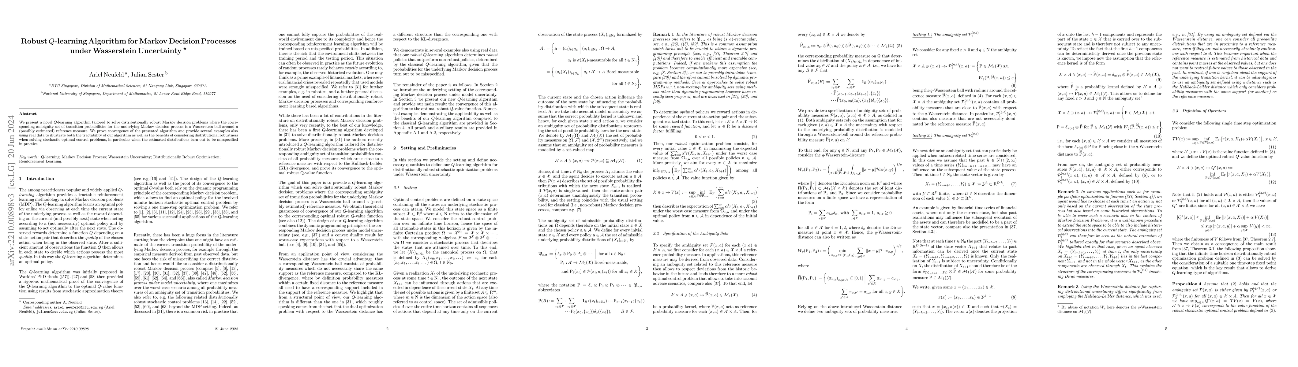 Thumbnail for Robust $Q$-learning Algorithm for Markov Decision Processes under
  Wasserstein Uncertainty