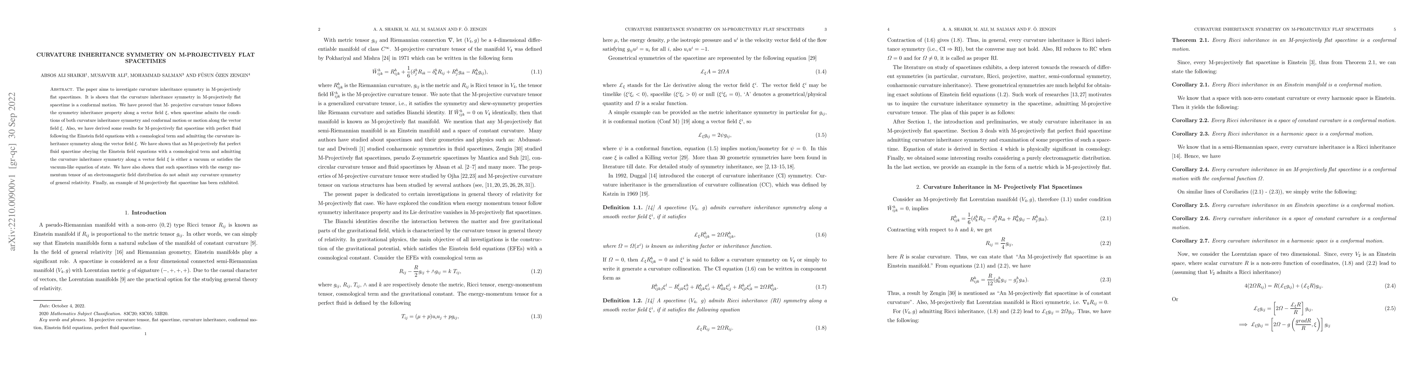 Thumbnail for Curvature inheritance symmetry on M-projectively flat spacetimes