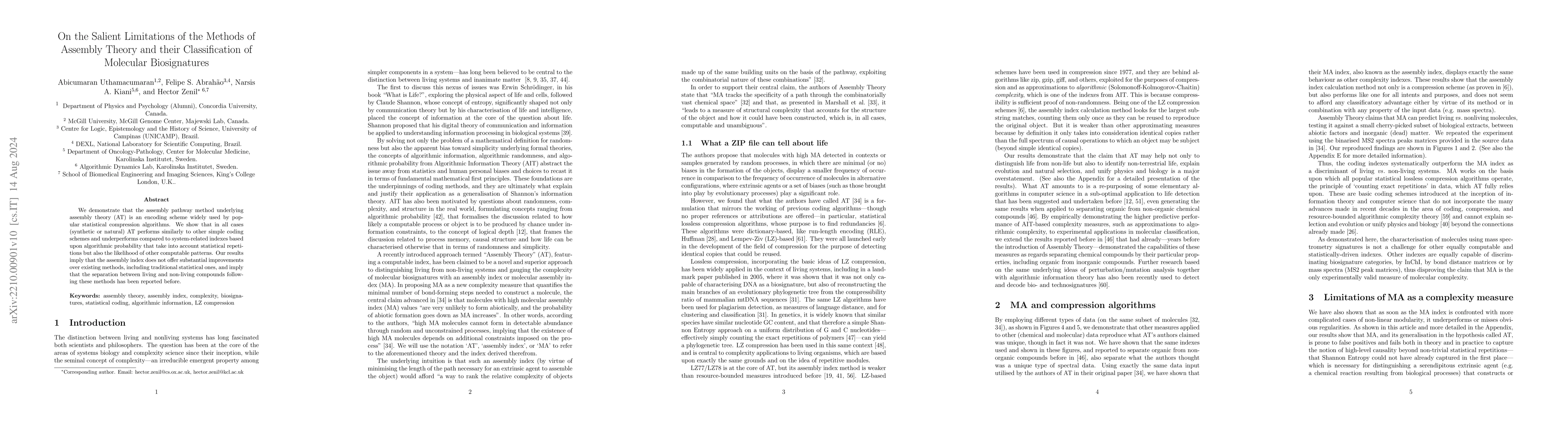 Thumbnail for On the Salient Limitations of the Methods of Assembly Theory and their
  Classification of Molecular Biosignatures