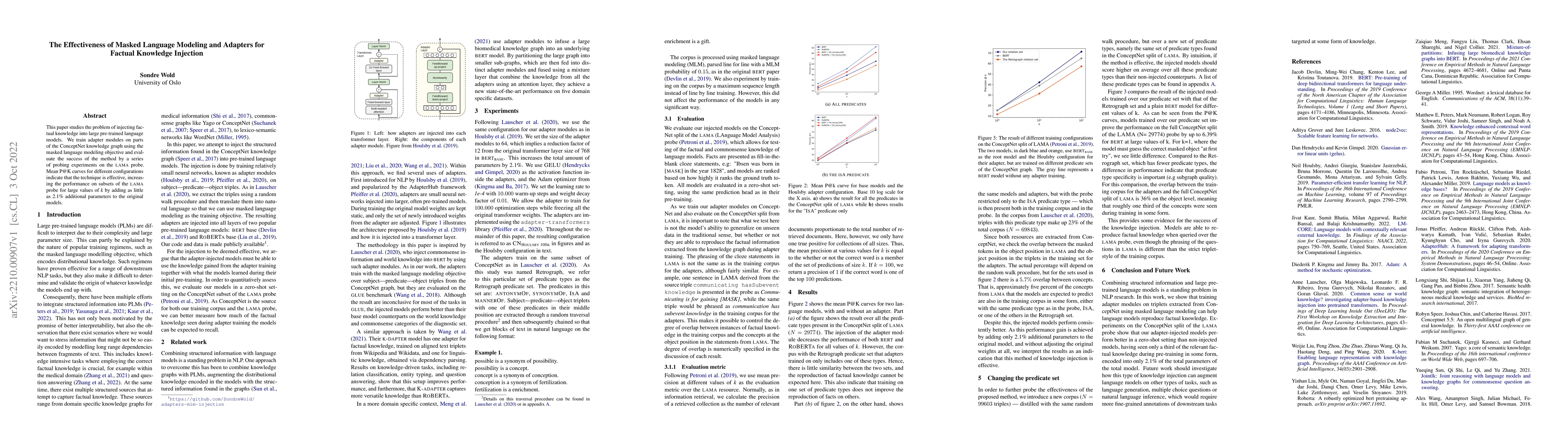 Thumbnail for The Effectiveness of Masked Language Modeling and Adapters for Factual
  Knowledge Injection
