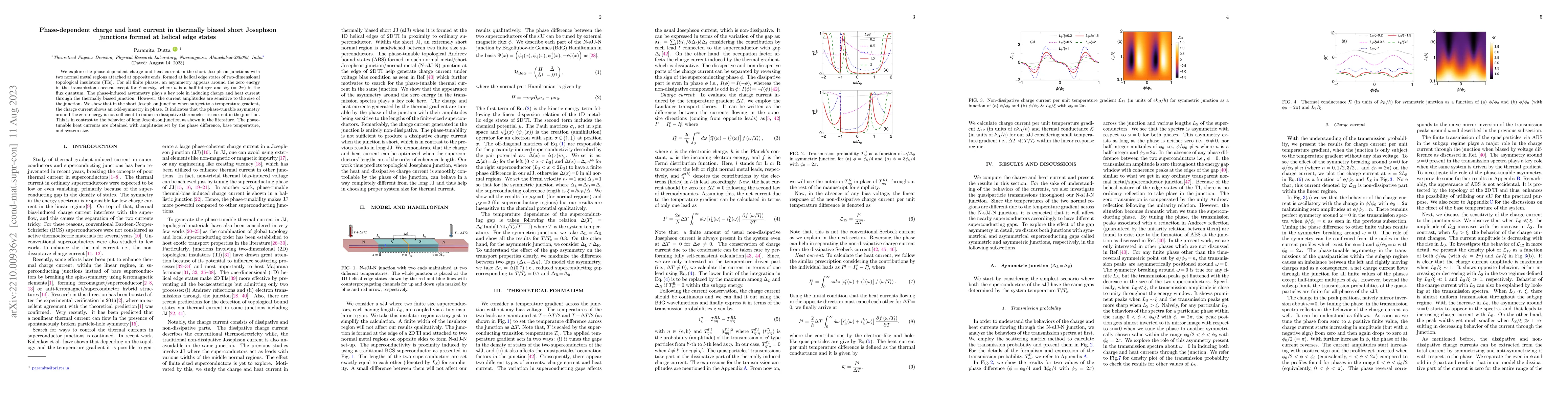 Thumbnail for Phase-dependent charge and heat current in thermally biased short
  Josephson junctions formed at helical edge states