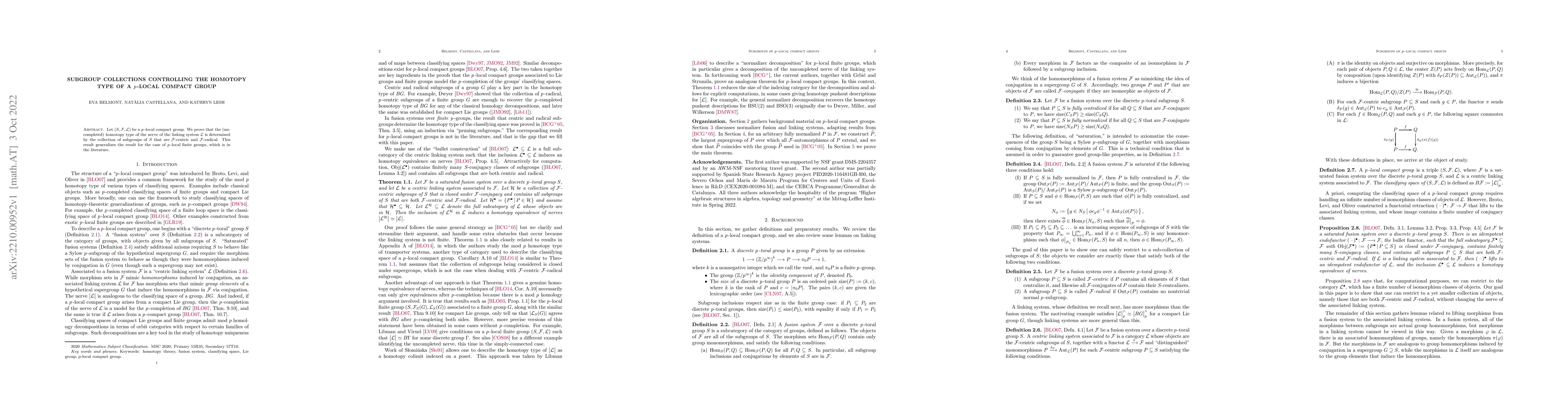 Thumbnail for Subgroup collections controlling the homotopy type of a $p$-local
  compact group