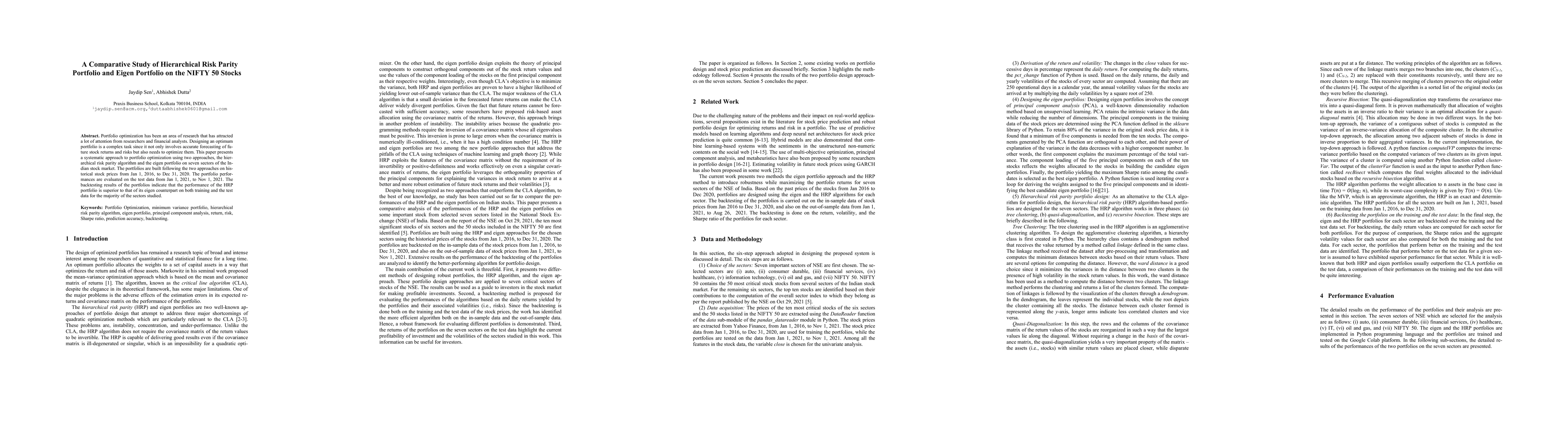 Thumbnail for A Comparative Study of Hierarchical Risk Parity Portfolio and Eigen
  Portfolio on the NIFTY 50 Stocks