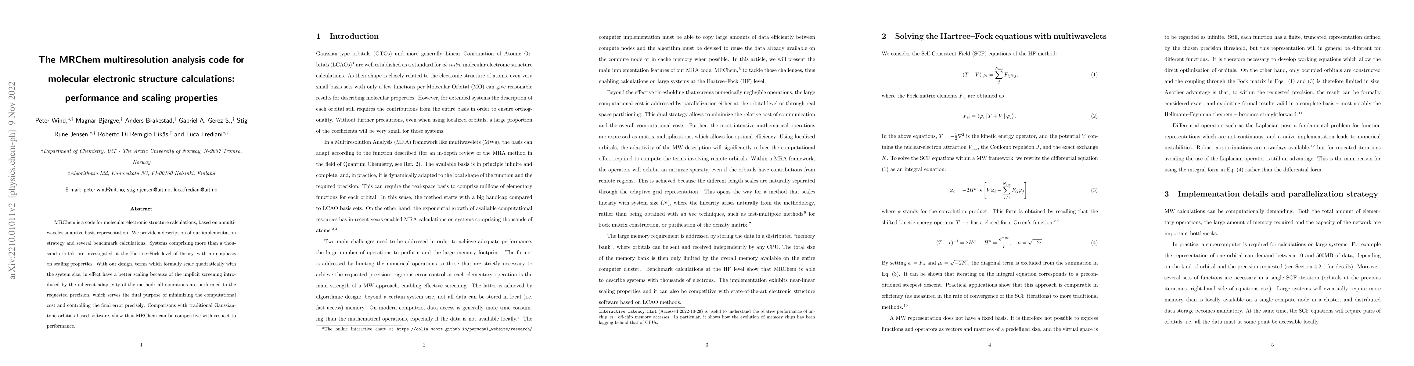 Thumbnail for The MRChem multiresolution analysis code for molecular electronic
  structure calculations: performance and scaling properties
