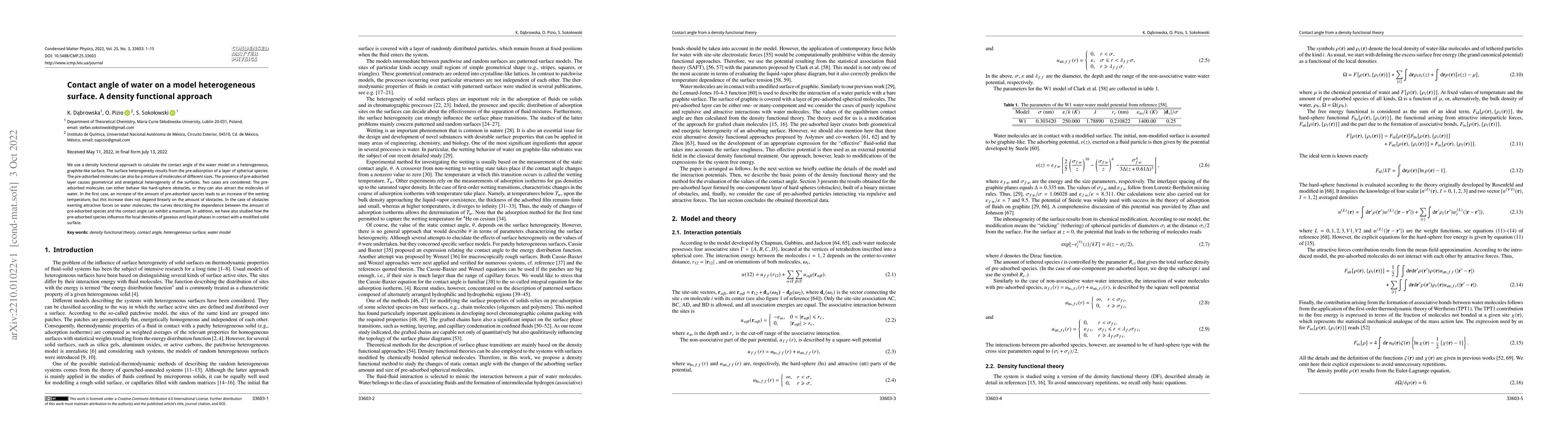Thumbnail for Contact angle of water on a model heterogeneous surface. A density
  functional approach