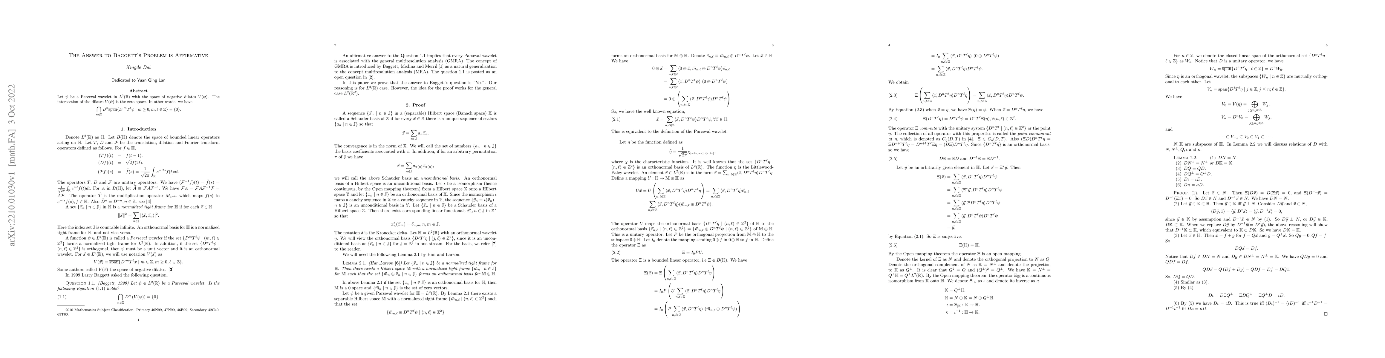 Thumbnail for The Answer to Baggett's Problem is Affirmative