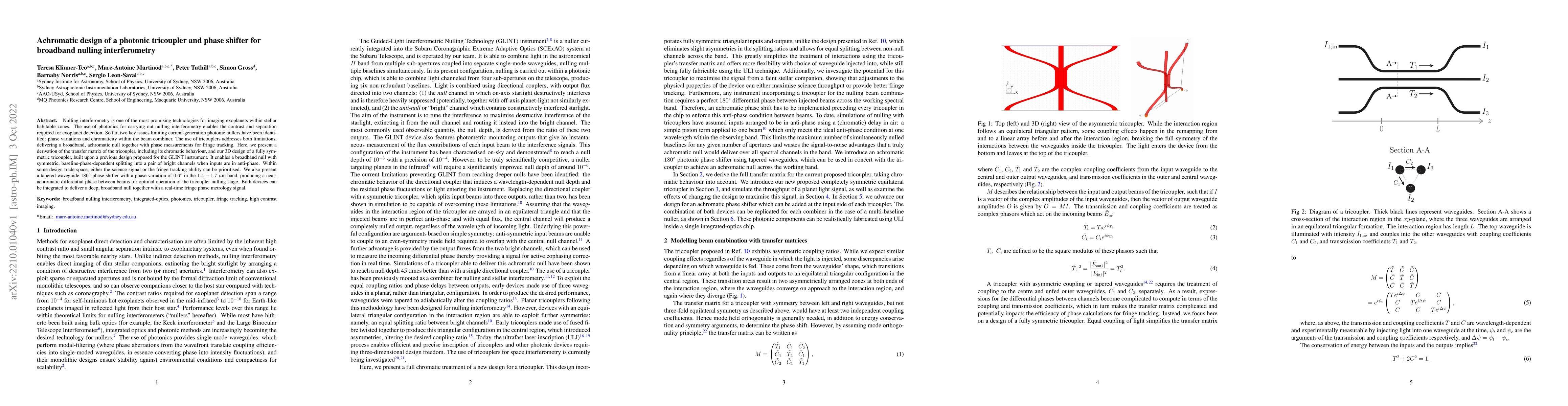 Thumbnail for Achromatic design of a photonic tricoupler and phase shifter for
  broadband nulling interferometry