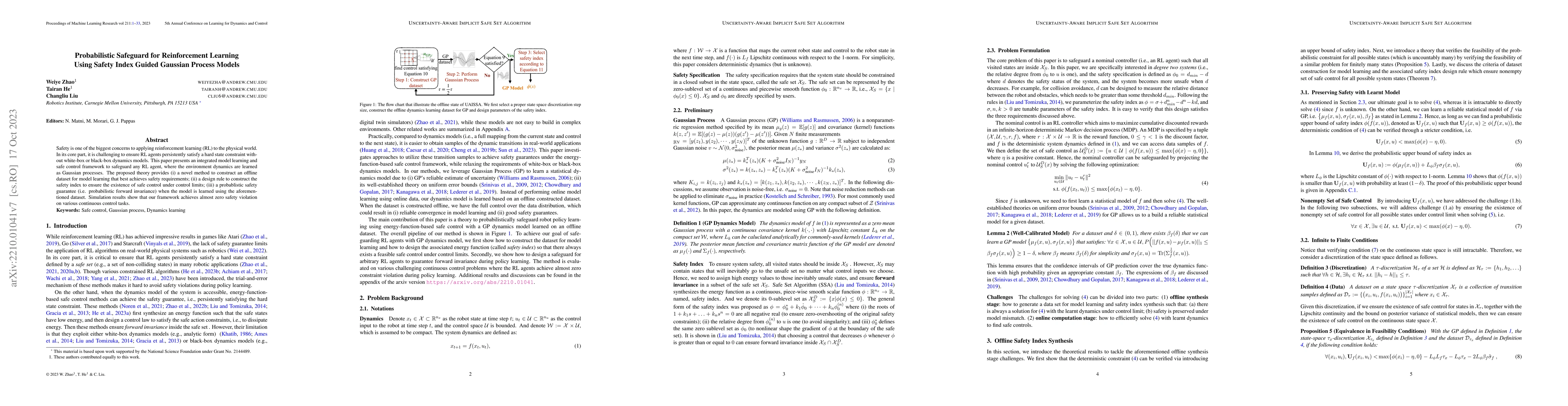Thumbnail for Probabilistic Safeguard for Reinforcement Learning Using Safety Index
  Guided Gaussian Process Models
